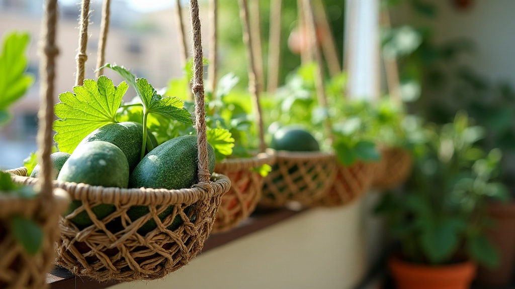 Growing Cucamelons in Hanging Macrame Baskets on a Balcony