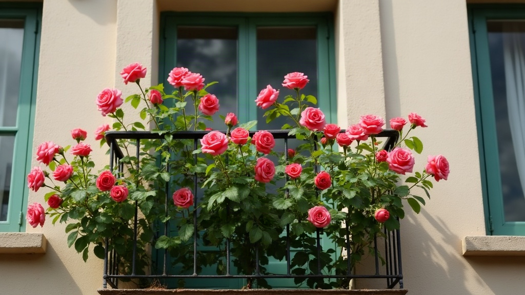 Train Climbing Roses Around Balcony Doorways with Tension Wire